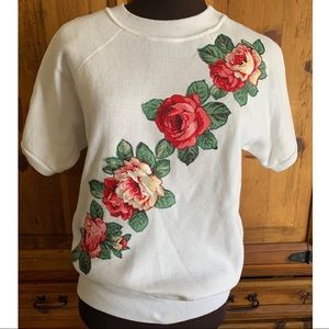 Vintage Rose Appliqué Short Sleeve Sweatshirt S/M